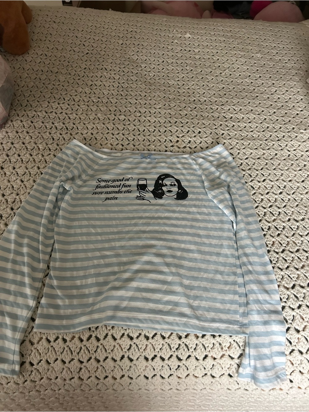 Light Blue & White Striped Long-Sleeve Tee with Graphic